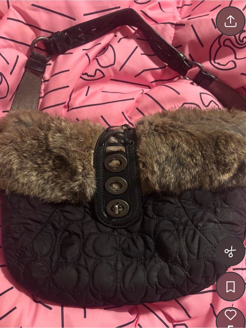 Coach Black Quilted Shoulder Bag with Faux Fur Trim